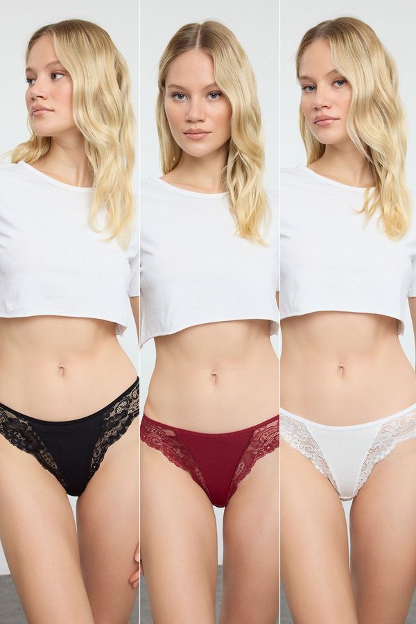 Trendyol Trendyol Black-Burgundy-White 3-Pack Cotton Lace Detailed Brazilian Knitted Panties