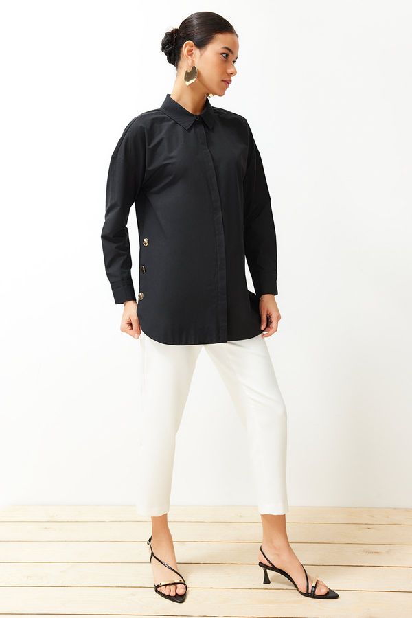 Trendyol Trendyol Black Button Accessory Detailed Cotton Woven Shirt