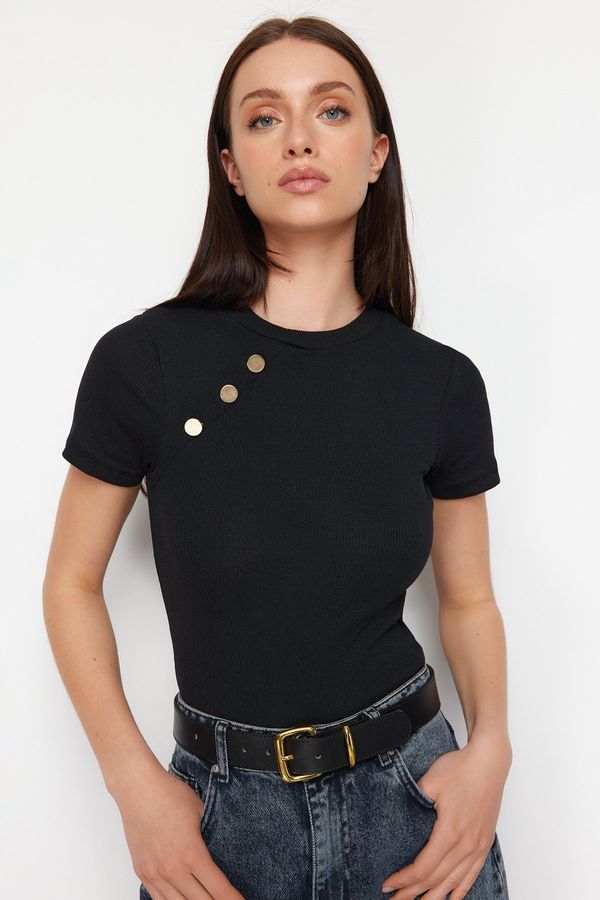 Trendyol Trendyol Black Button Detailed Ribbed Fitted/Fitted Stretch Knitted Blouse