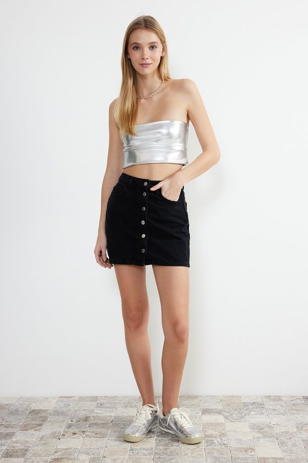Trendyol Trendyol Black Buttoned Front High Waist Mini Denim Skirt