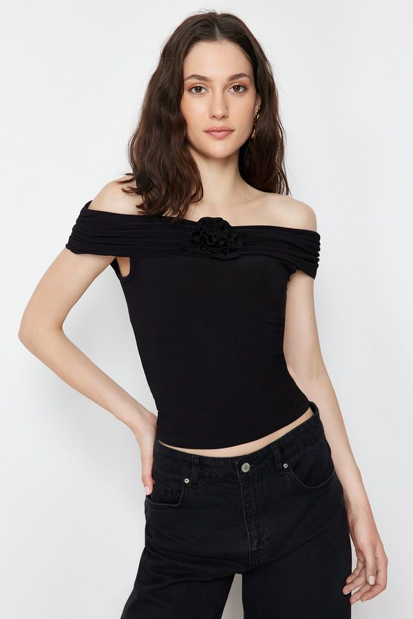 Trendyol Trendyol Black Carmen Collar Rose Detailed Crop Stretchy Knitted Madonna Collar Blouse