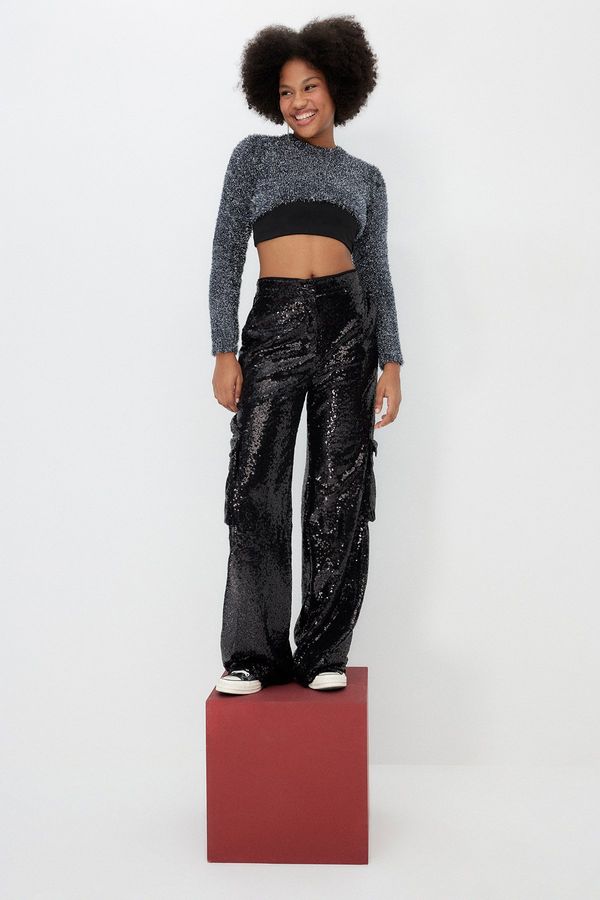 Trendyol Trendyol Black Christmas Themed Super Crop Silvery Knitwear Sweater