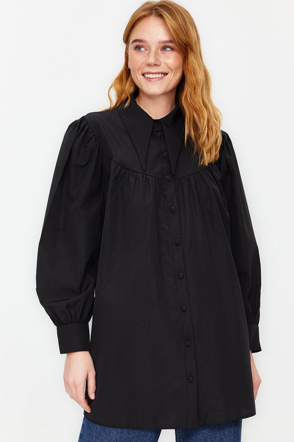 Trendyol Trendyol Black Collar Detailed Relaxed Fit Cotton Woven Shirt