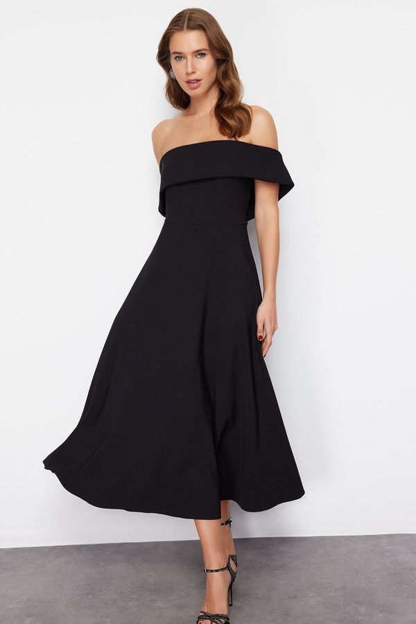 Trendyol Trendyol Black Collar Detailed Waist Opening/Skater Woven Elegant Evening Dress