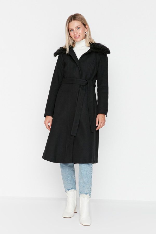 Trendyol Trendyol Black Collar, Furry and Belted Long Coat