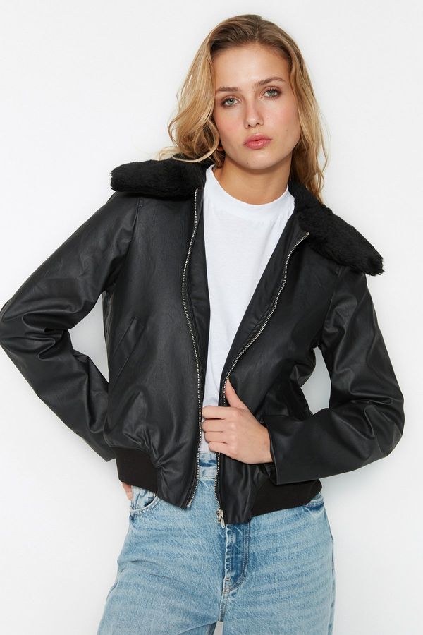 Trendyol Trendyol Black Collar with Plush Detailed Faux Leather Coat