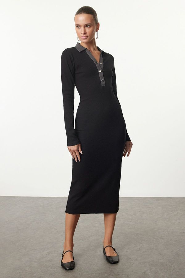 Trendyol Trendyol Black Color Block Bodycone/Fits on Body Snap Detail Midi Knit Dress