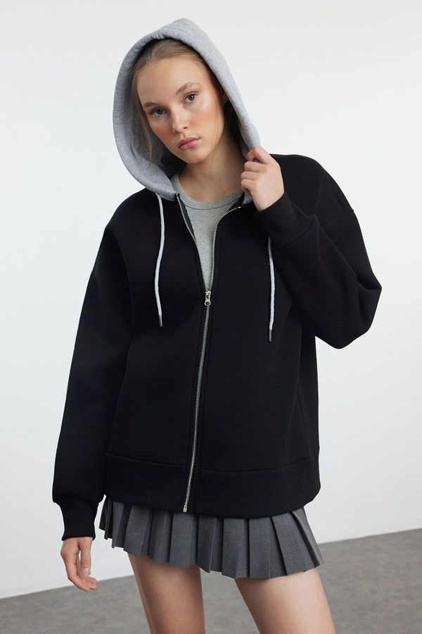 Trendyol Trendyol Black Color Blocked Oversize/Wide Fit Hooded Zippered Knitted Sweatshirt