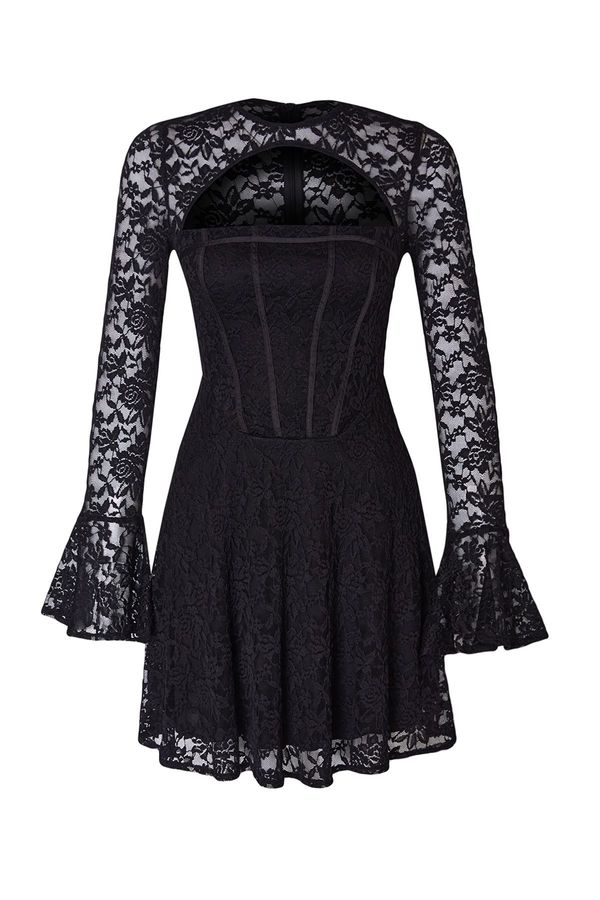 Trendyol Trendyol Black Corset Detailed Knitted Lace Short Elegant Evening Dress