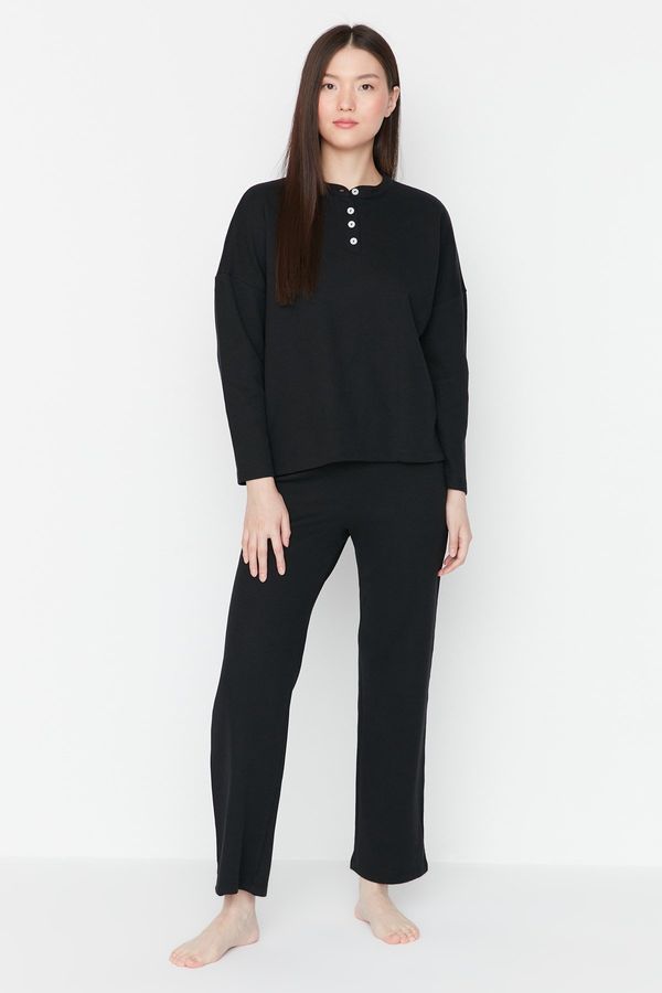 Trendyol Trendyol Black Cotton Button Detailed Textured Knitted Pajamas Set