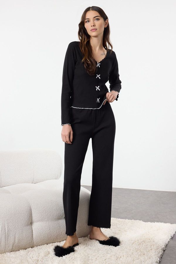 Trendyol Trendyol Black Cotton Lace and Ribbon/Bow Detail Ribbed Knitted Pajama Set