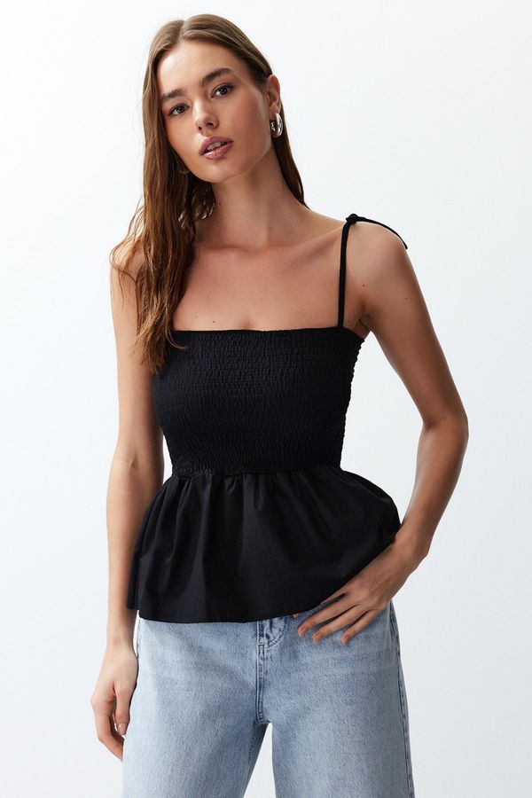 Trendyol Trendyol Black Cotton Poplin Detailed Strap Flexible Knitted Blouse