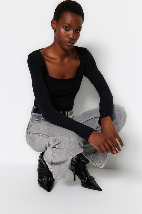 Trendyol Trendyol Black Cotton Stretch Square Neck Fitted/Situated Knitted Blouse