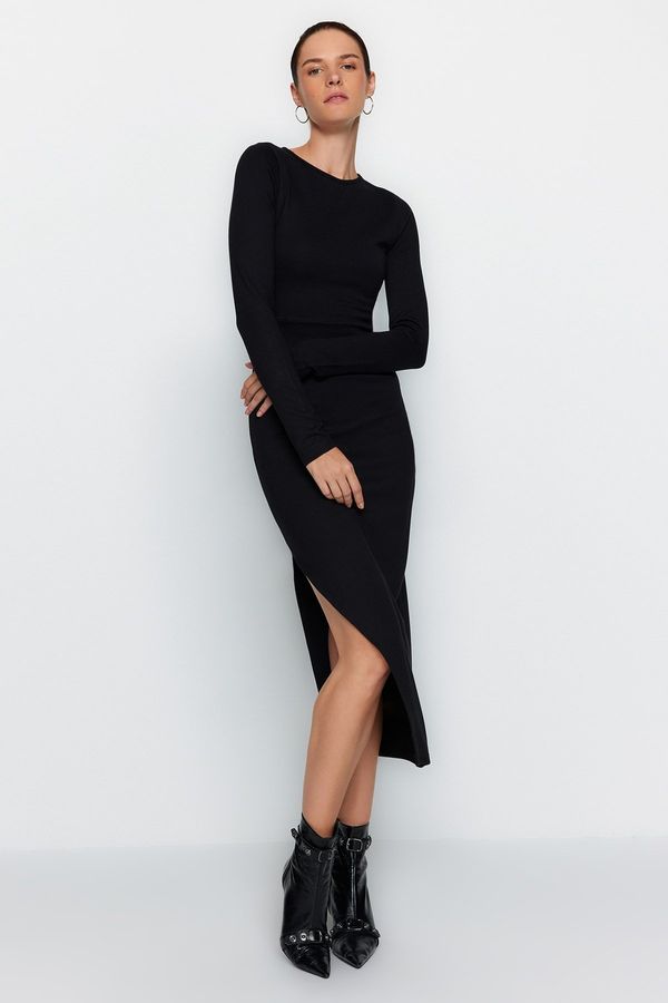 Trendyol Trendyol Black Crew Neck Body Fitted Deep Slit Detail Midi Knitted Dress