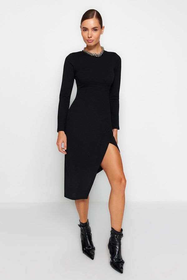 Trendyol Trendyol Black Crew Neck Slit Detail Fitted Midi Knitted Dress