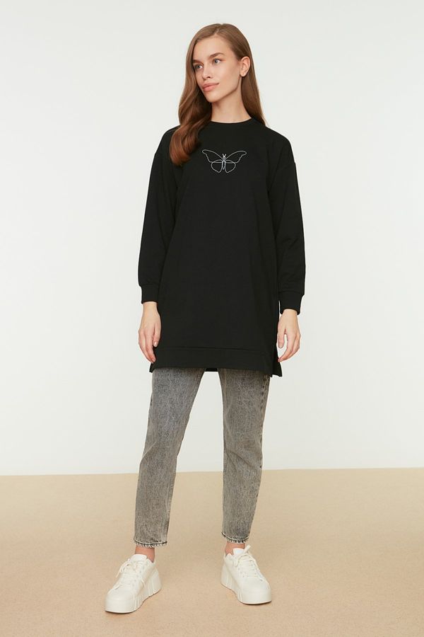 Trendyol Trendyol Black Crew Neck Slit Detailed Printed Knitted Sweatshirt