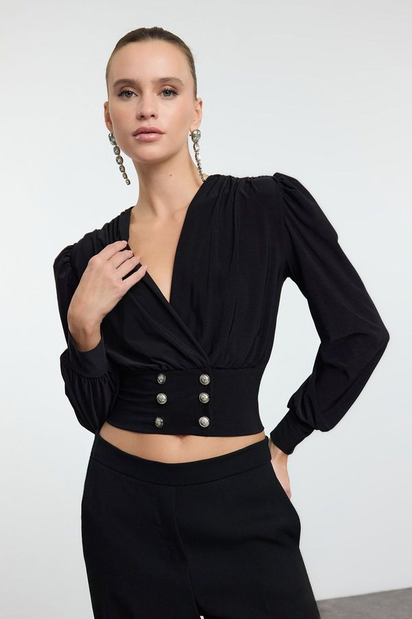 Trendyol Trendyol Black Crop Button Detailed Knitted Blouse