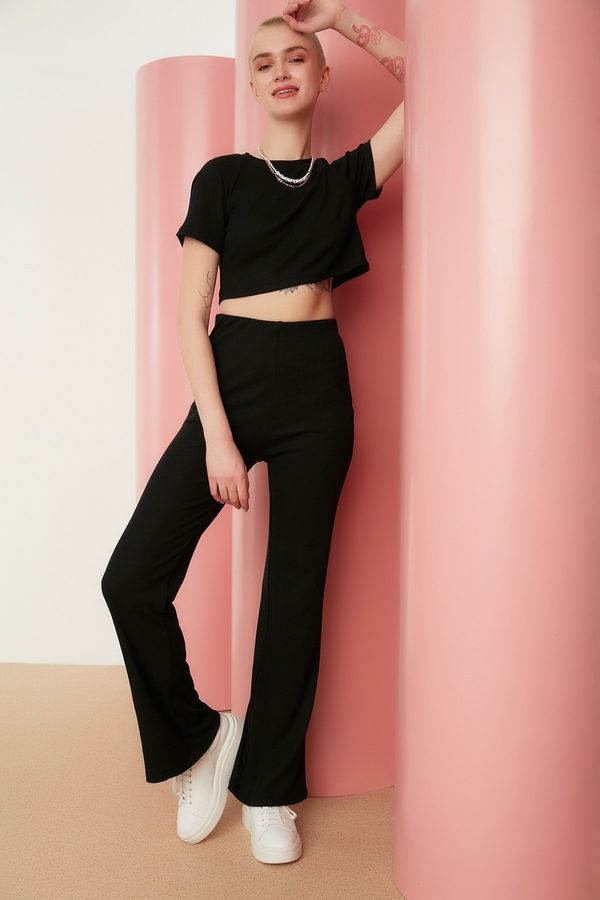 Trendyol Trendyol Black Crop Crew Neck Ribbed Flexible Knitted Top and Bottom Set
