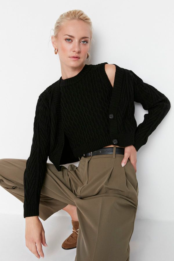 Trendyol Trendyol Black Crop-Knitted Blouse-Cover Cardigan Sweater Suit