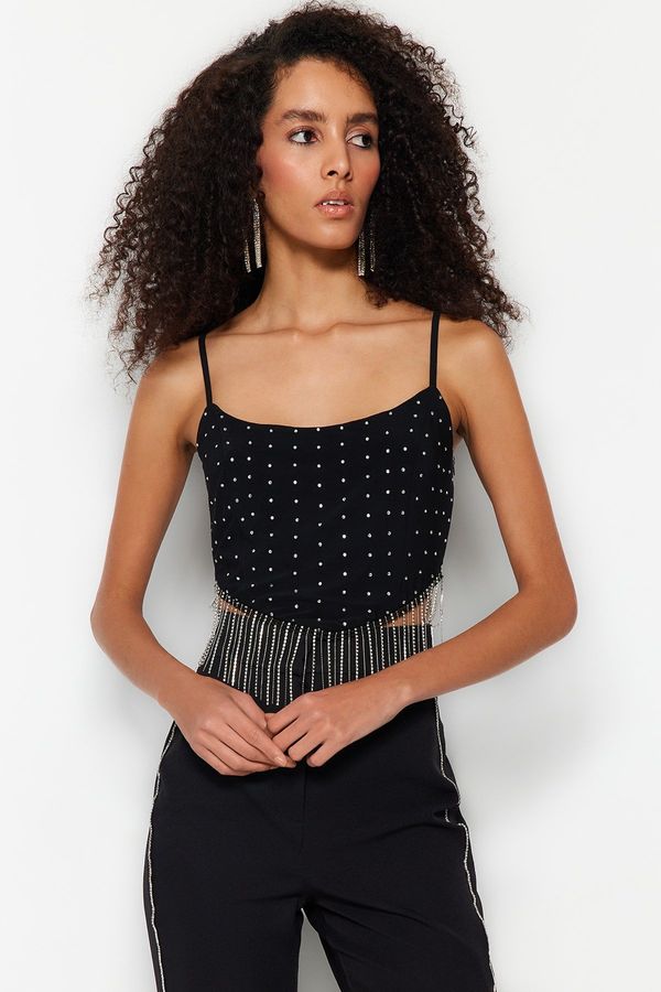 Trendyol Trendyol Black Crop Lined Knitted Bustier with Shiny Stones