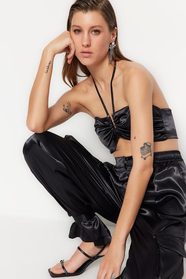 Trendyol Trendyol Black Crop Lined Satin Bustier with Woven Accessories