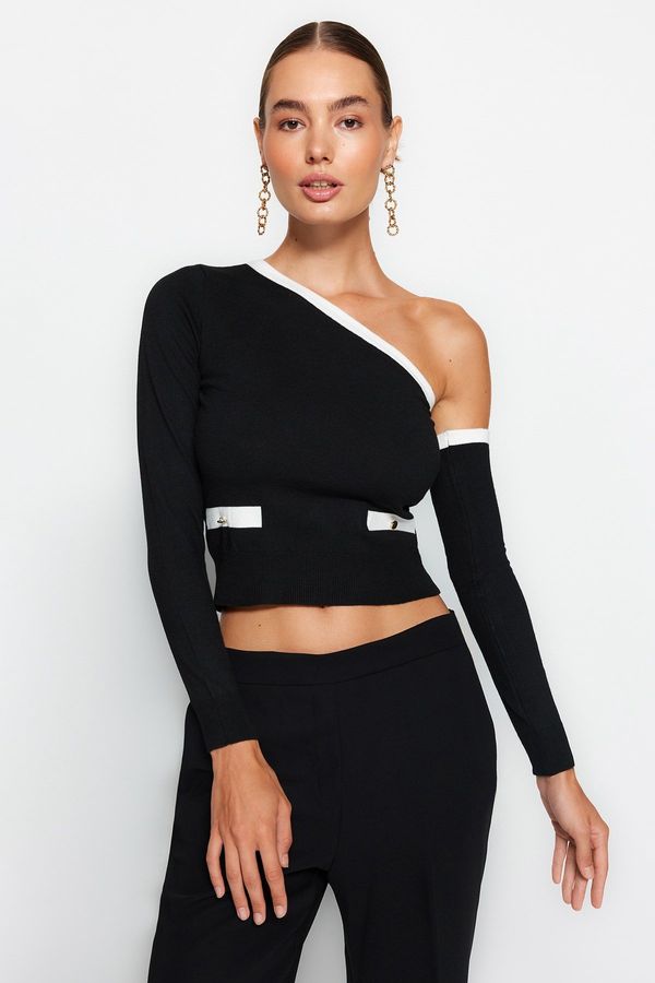 Trendyol Trendyol Black Crop One Shoulder Sleeve Detachable Premium Yarn/Special Yarn Knitwear Sweater