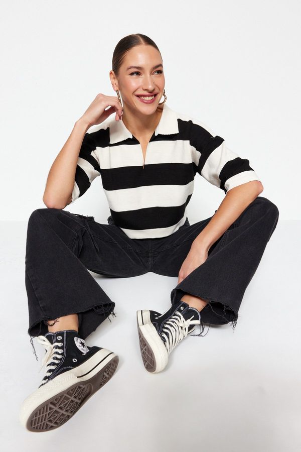 Trendyol Trendyol Black Crop Polo Neck Basic Striped Knitwear T-Shirt