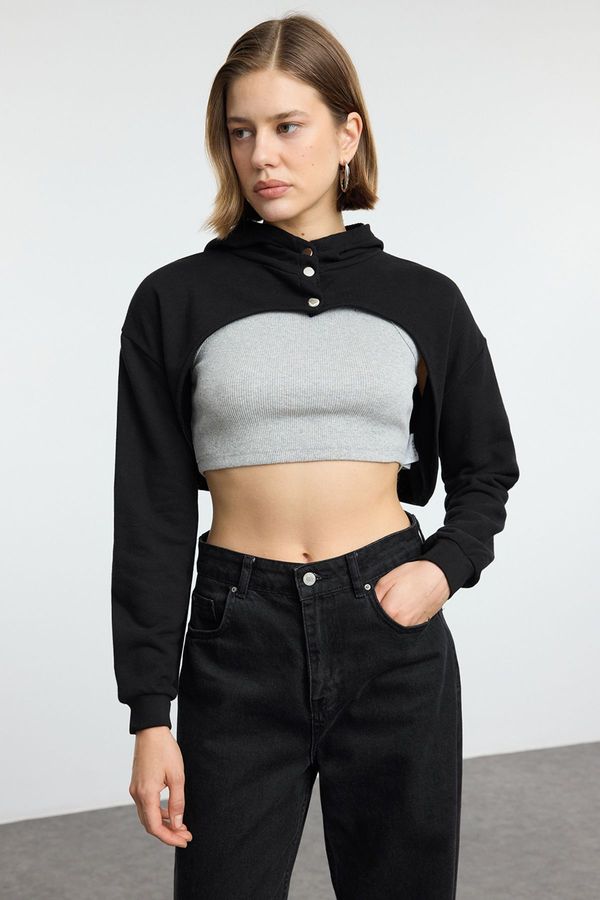 Trendyol Trendyol Black Crop Snap Hooded Knitted Sweatshirt