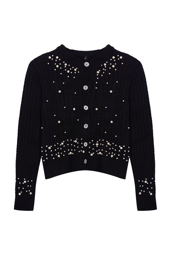 Trendyol Trendyol Black Crop Soft Textured Pearl Detailed Knitwear Cardigan