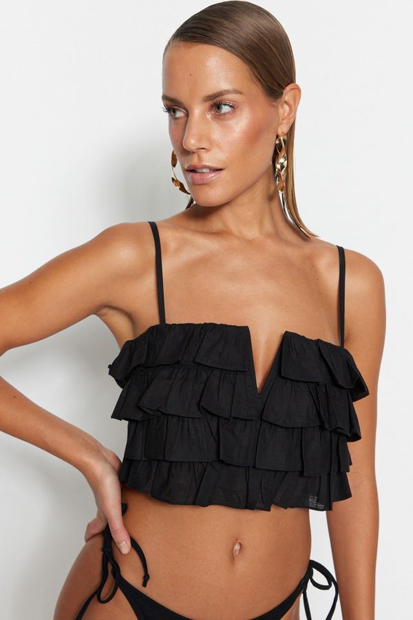 Trendyol Trendyol Black Crop Woven Ruffle 100% Cotton Blouse