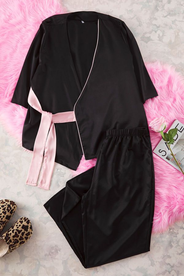Trendyol Trendyol Black Double Breasted Tied Satin Woven Pajama Set