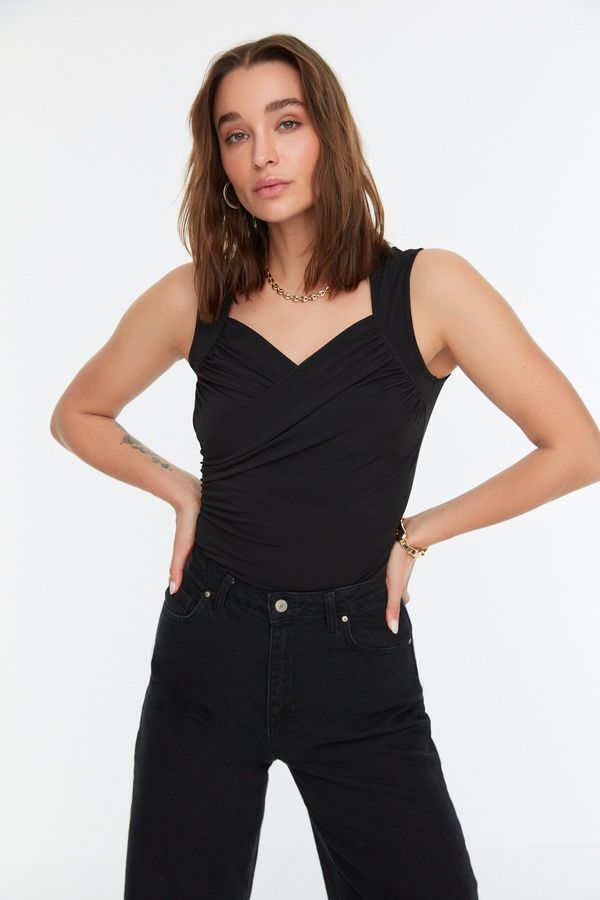 Trendyol Trendyol Black Drape Detail Fitted/Situated Strap Elastic Snaps Knitted Bodysuit