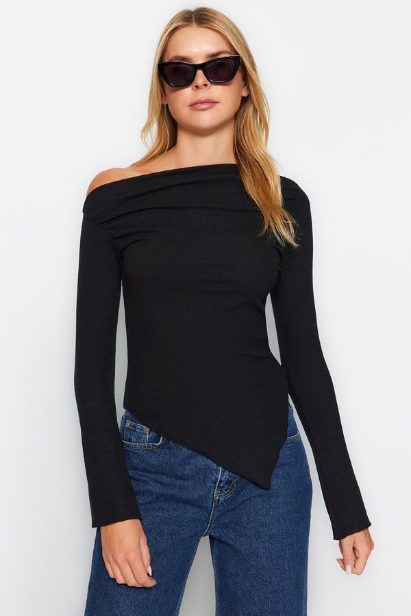 Trendyol Trendyol Black Draped Boat Neck Asymmetrical Knitted Blouse