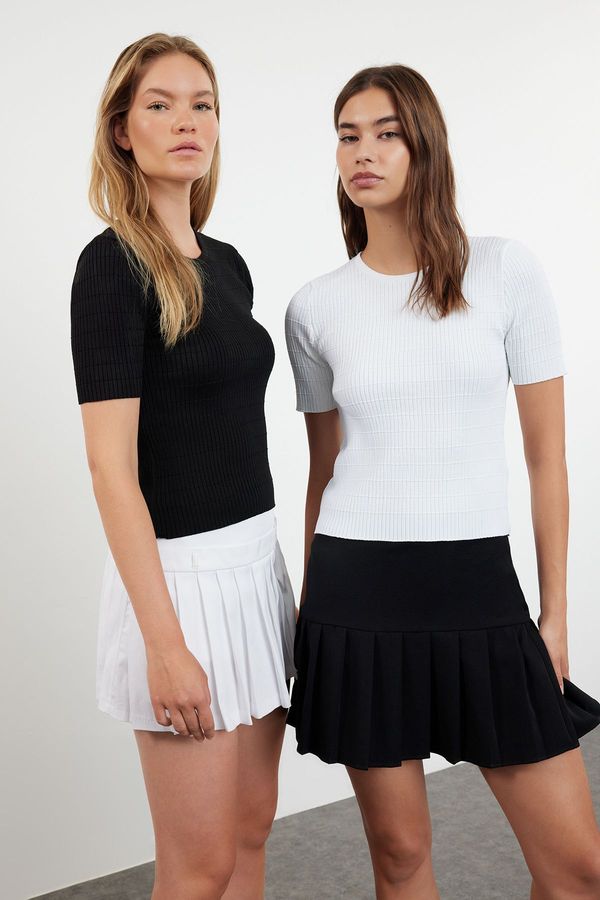 Trendyol Trendyol Black-Ecru Basic Short Sleeve Double Pack Knitwear Thin Blouse