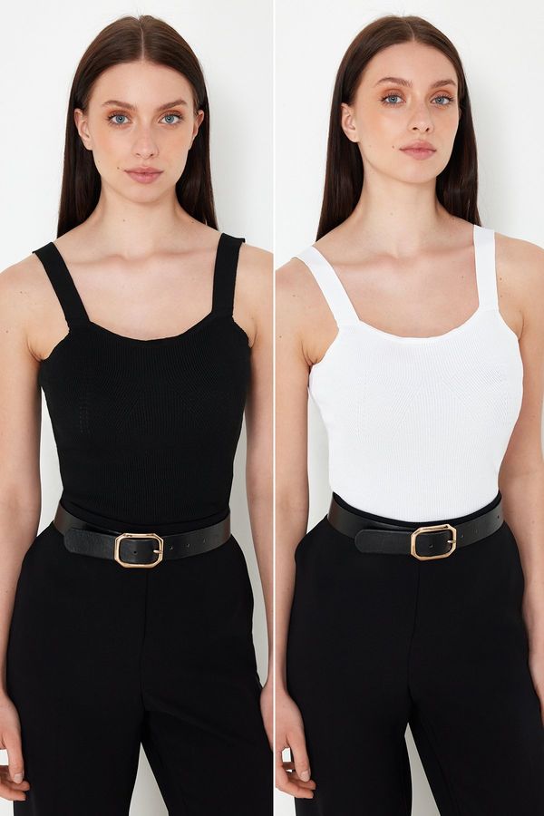 Trendyol Trendyol Black-Ecru Double Pack Strappy Basic Knitwear Blouse