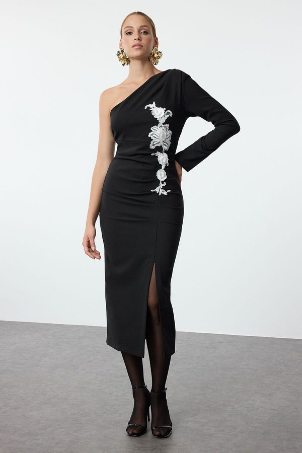 Trendyol Trendyol Black Ecru Embroidery Detailed Single Sleeve Woven Elegant Evening Dress