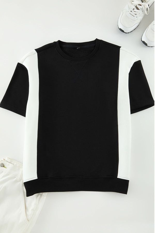 Trendyol Trendyol Black-Ecru Oversize/Wide Cut Color Block Thick Inside Raised T-shirt