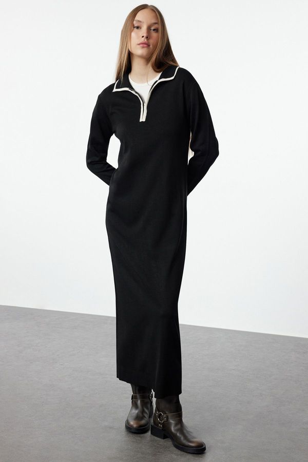 Trendyol Trendyol Black Ecru Piping Zippered Knit Dress