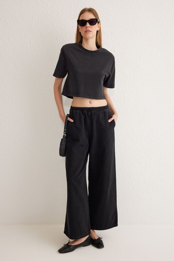 Trendyol Trendyol Black Elastic Waist High Waist Extra Wide Leg Jeans