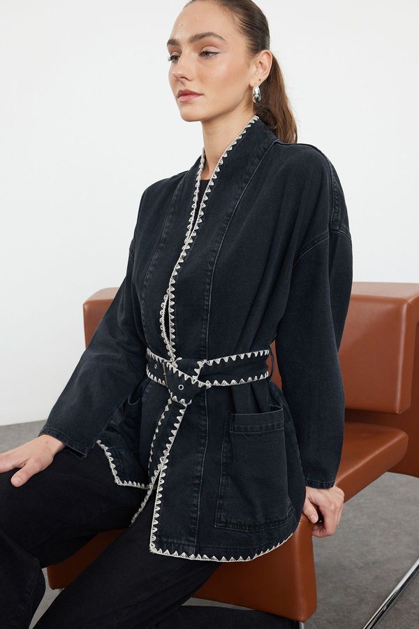 Trendyol Trendyol Black Embroidered Belted Oversize Denim Jacket