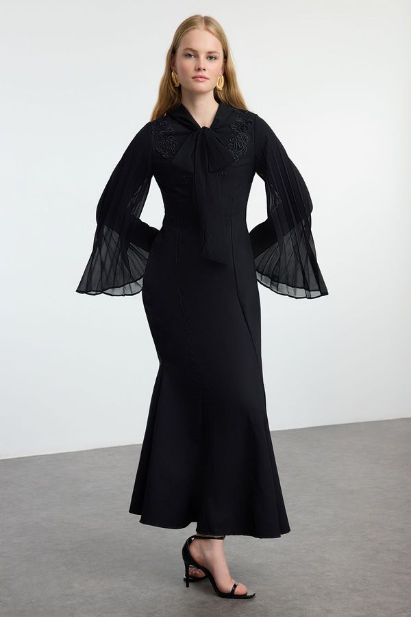 Trendyol Trendyol Black Embroidered Detailed Chiffon Sleeve Woven Evening Dress