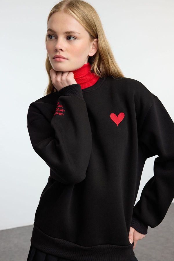 Trendyol Trendyol Black Embroidered Regular/Normal Fit Thick Inside Fleece Knitted Sweatshirt