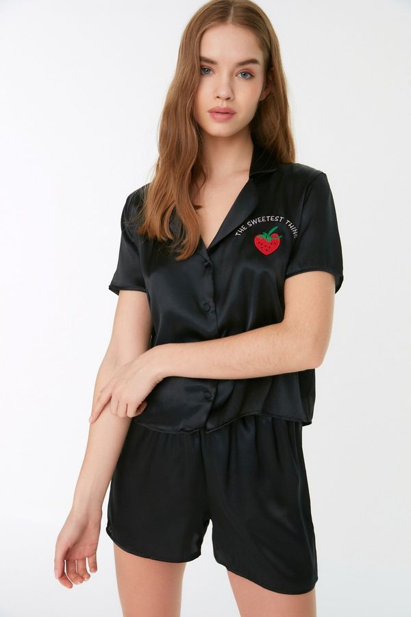 Trendyol Trendyol Black Embroidered Satin Shirt-Shorts Woven Pijama Set