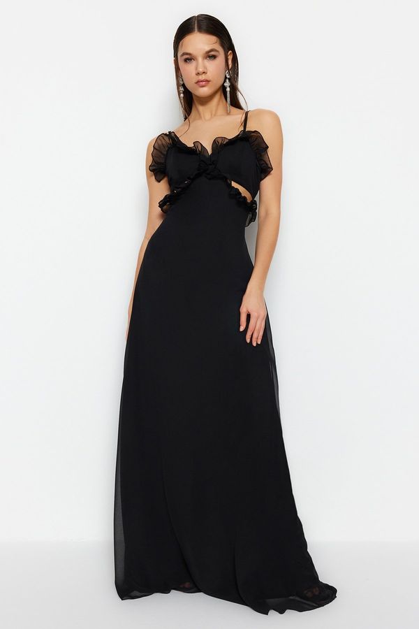 Trendyol Trendyol Black Evening Dress With Open Waist / Skater Lined Window / Cut Out Long Evening Dress