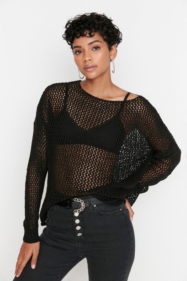 Trendyol Trendyol Black Extra Wide Fit Cotton Openwork/Perforated Knitwear Sweater