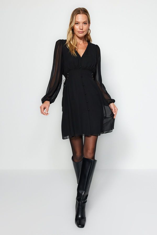 Trendyol Trendyol Black Eyelet Detailed Buttoned Lined Chiffon Woven Dress