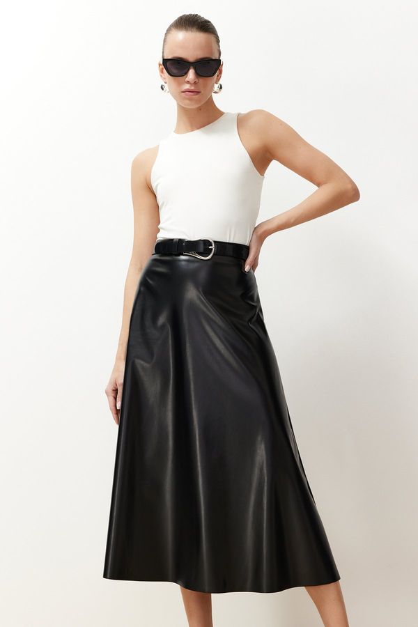 Trendyol Trendyol Black Faux Leather Flared Maxi Length Woven Skirt