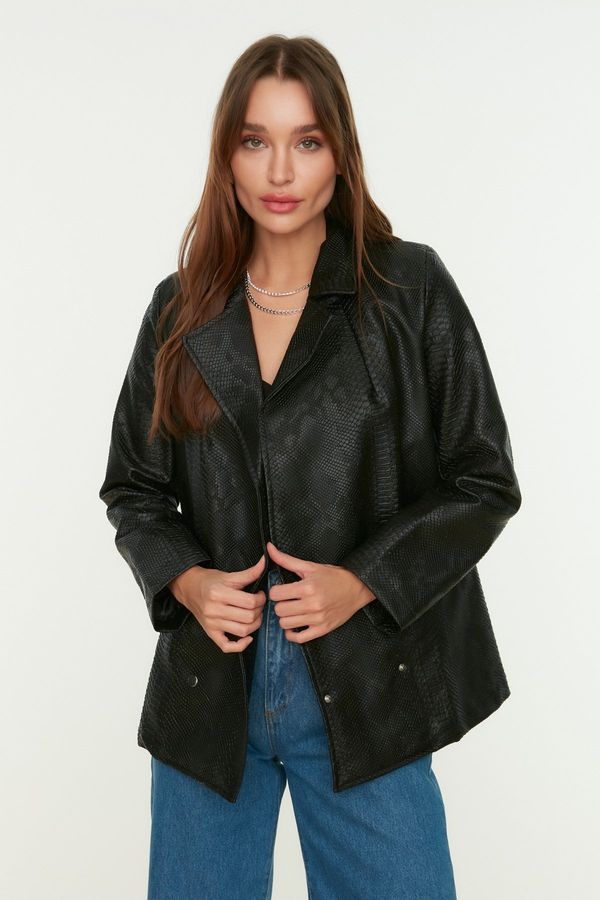 Trendyol Trendyol Black Faux Leather Oversize Pocket Detailed Woven Jacket