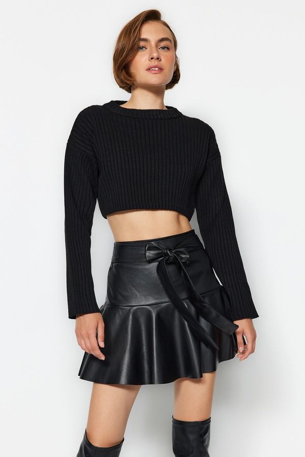 Trendyol Trendyol Black Faux Leather Skirt with Frill Tie Tie Detail Mini Woven Skirt