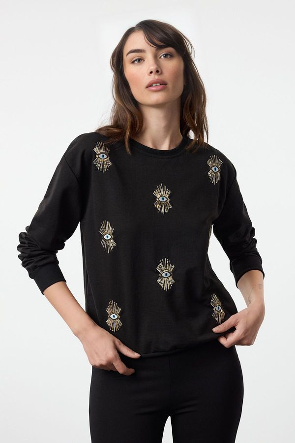 Trendyol Trendyol Black Fine Eye Print Detail Relaxed/Comfortable Cut Knitted Sweatshirt